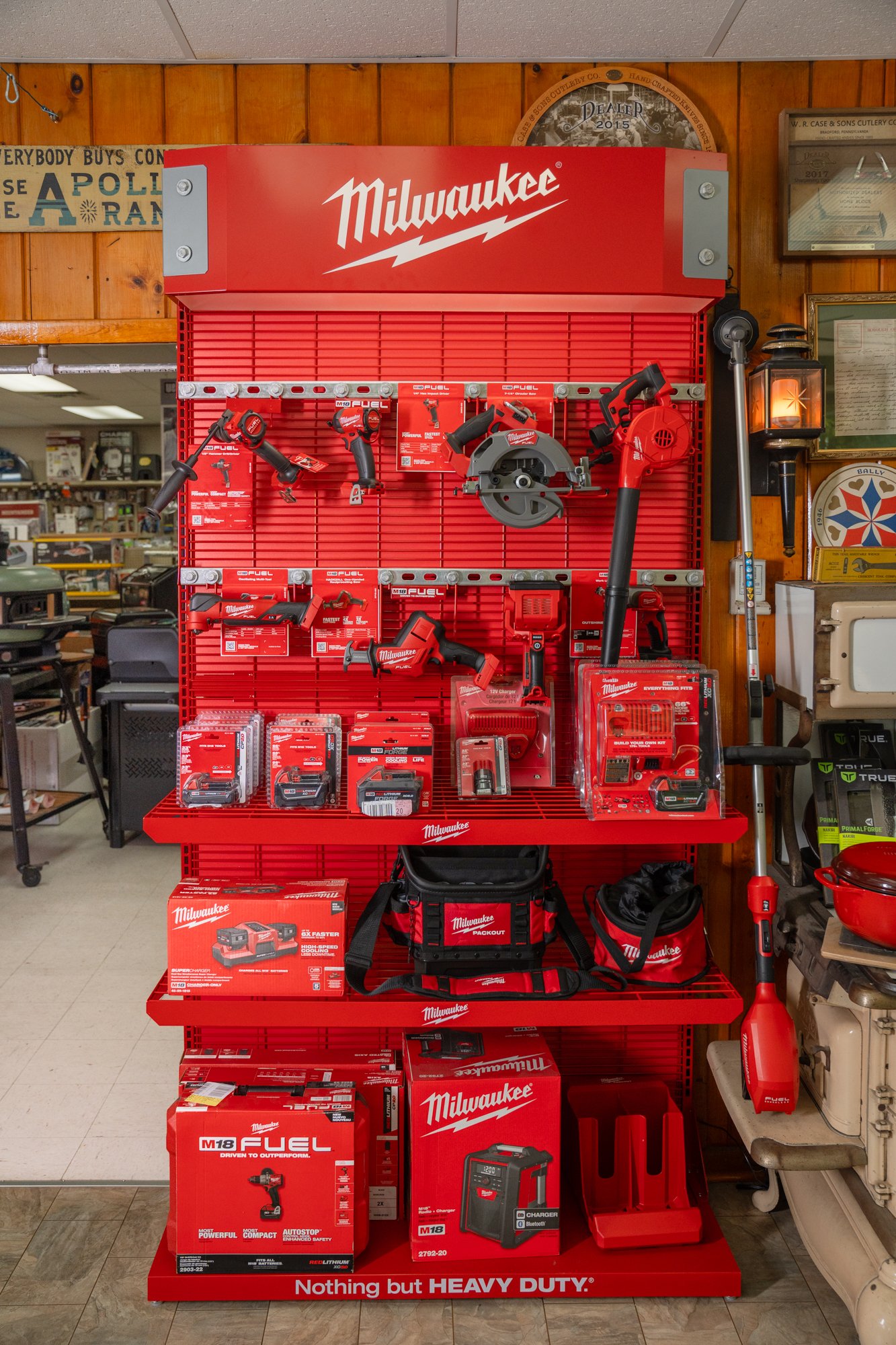 Milwaukee power tools display at Eddinger Hardware in Bally, PA